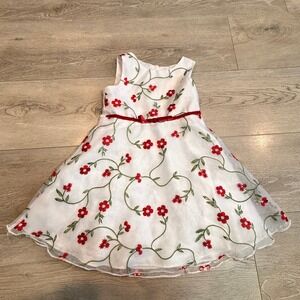 Youngland Toddler Girl Dress Floral Embroidered White Red Ribbon Bow Size 4T